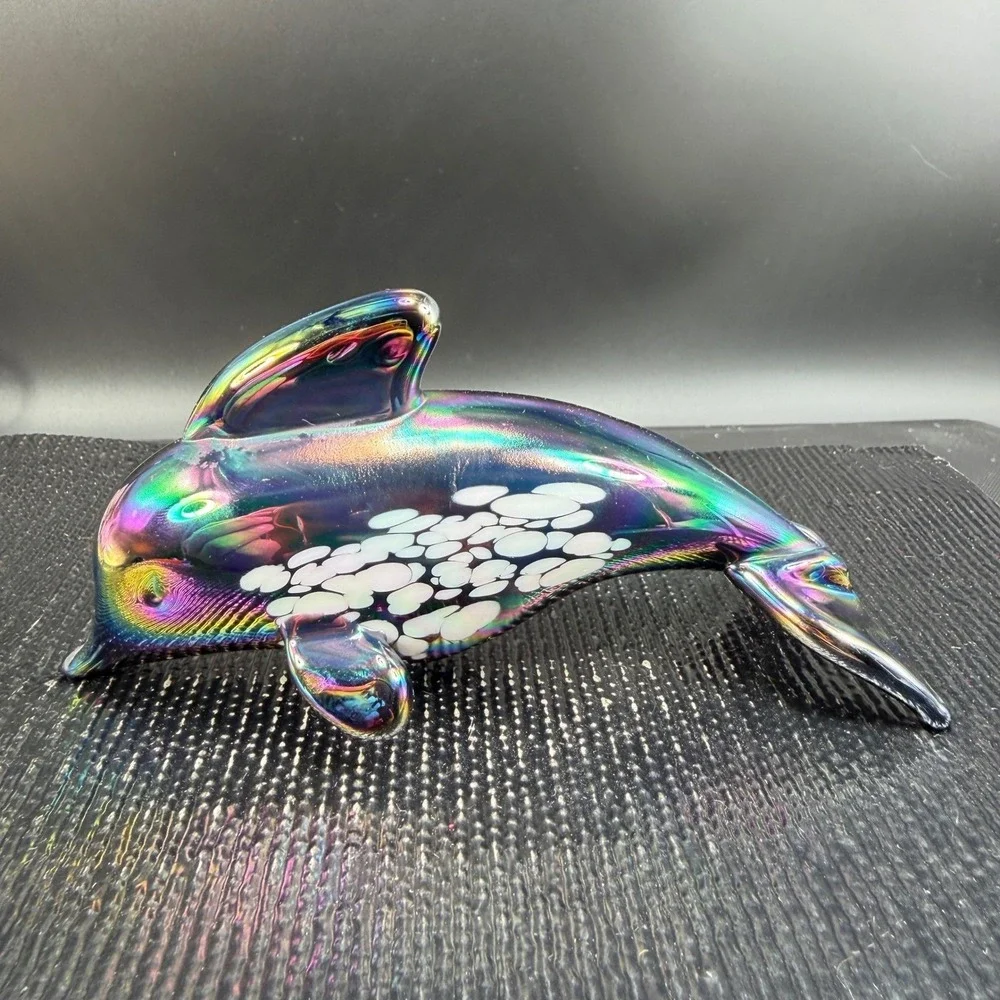 Pele of Hawaii Glass Iridescent Dolphin Figurine Carnival Glass White Spotted